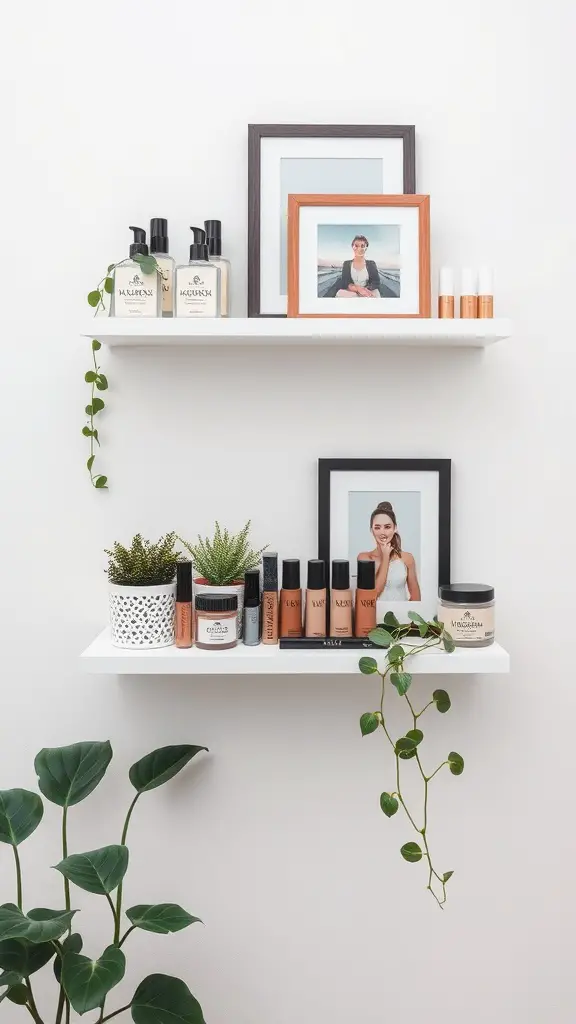 19+Creative Makeup Storage Ideas You Need to Try 7 Wall-mounted shelves displaying beauty products and personal photos with plants