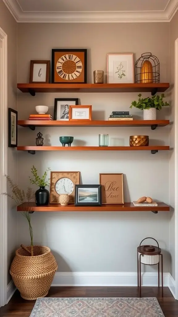 A set of wall-mounted wooden shelves displaying decorative items, books, and plants in a stylish entryway.