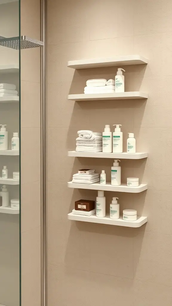 15+ Stylish Shower Storage Ideas to Maximize Space 6 A modern wall-mounted shelving unit in a shower, displaying neatly arranged towels and skincare products.