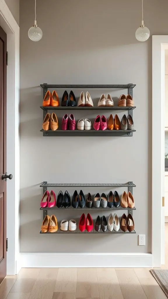 Two wall-mounted shoe racks displaying a variety of shoes in a stylish home setting.