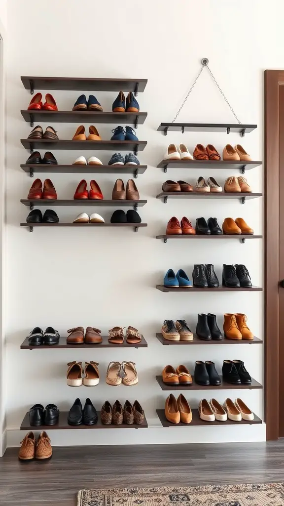 21+Creative DIY Shoe Rack Ideas to Organize Your Space 10 Stylish wall-mounted shoe shelves displaying various types of shoes.