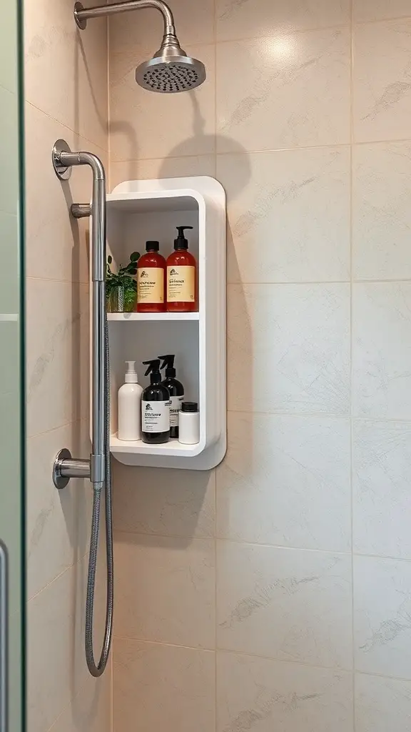 19+Stylish and Functional Shower Caddy Ideas to Organize Your Space 13 A modern wall-mounted shower caddy with shampoo and conditioner bottles and a small plant.