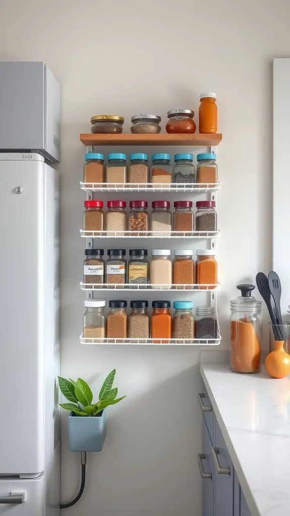 21 Creative Wall Storage Ideas to Maximize Your Space 14 A wall-mounted spice rack with various jars and spices in a kitchen.