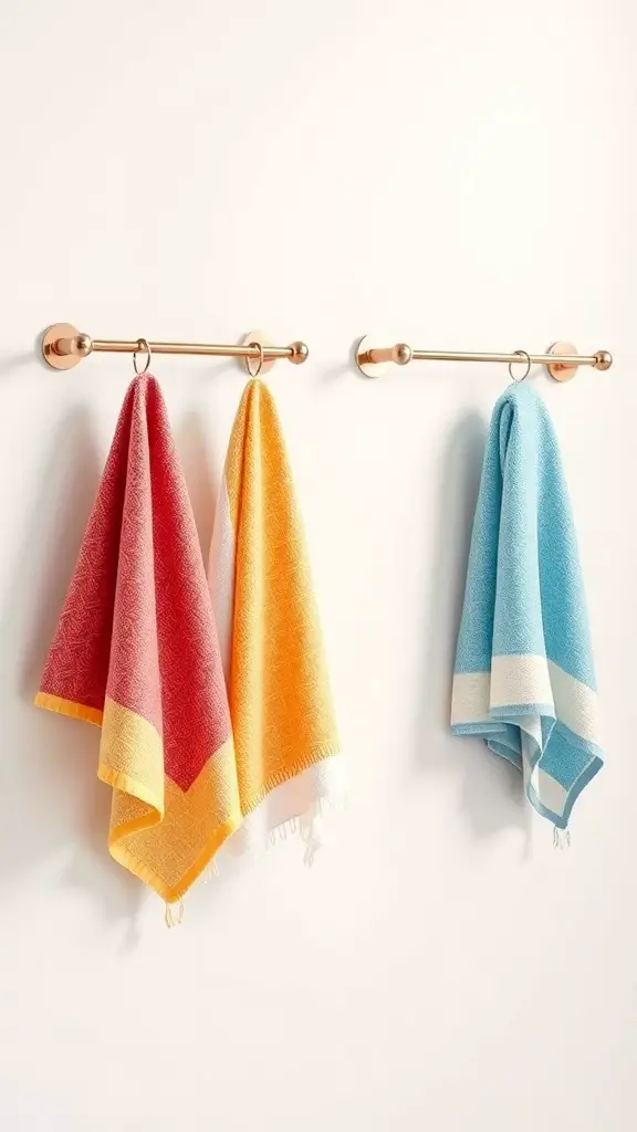 Colorful towels hanging on a gold wall-mounted towel rack