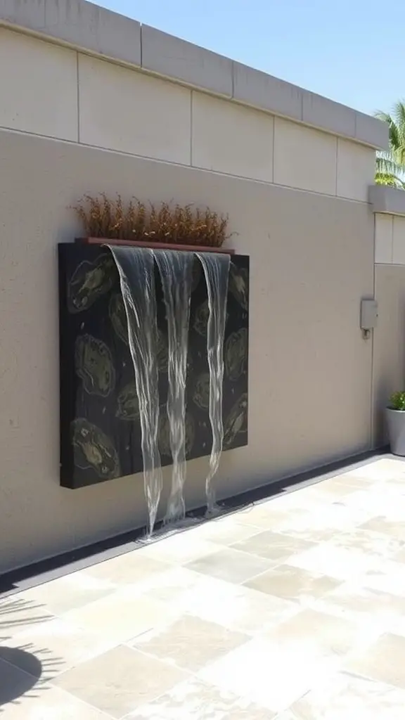 A modern wall-mounted water feature with water flowing down a dark backdrop, complemented by a small planter on top.
