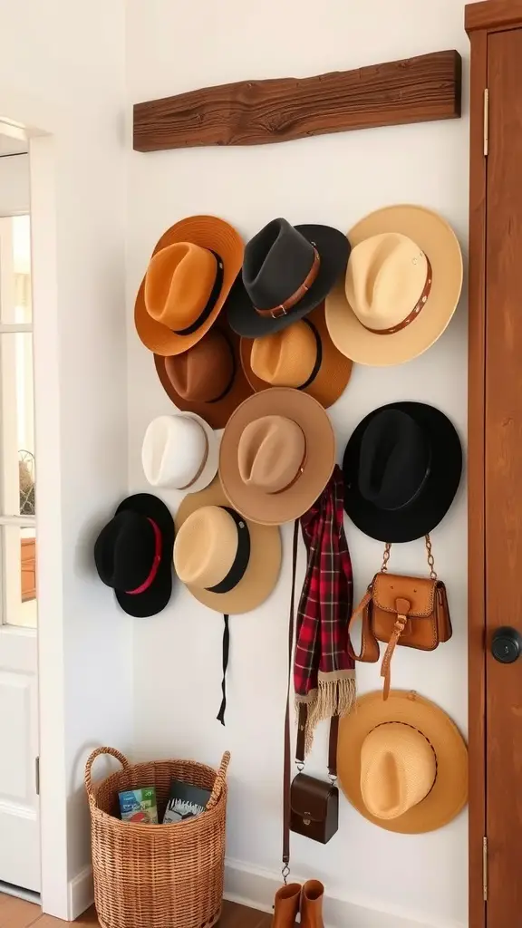 19 Creative Hat Rack Ideas for Your Home 10 A wall-mounted wooden hat rack displaying various hats and accessories.
