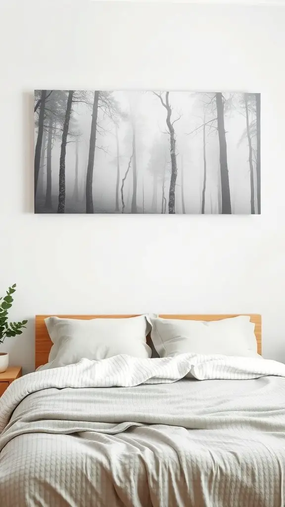 A foggy forest landscape artwork above a cozy bed with soft bedding.