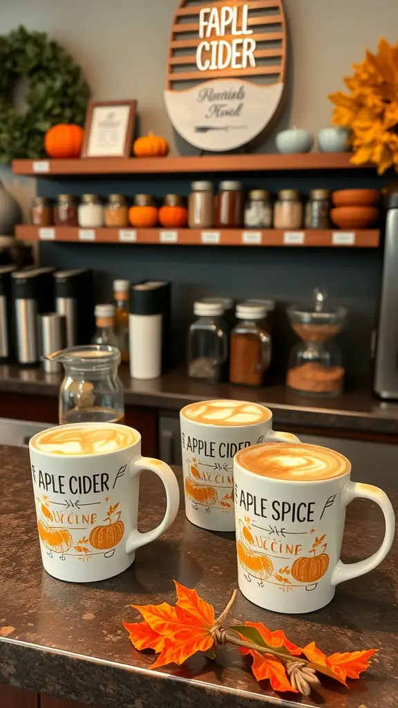 17 Creative Baby Shower Ideas for a September Celebration 13 A warm beverage bar featuring mugs of apple cider and apple spice, decorated with pumpkins and autumn leaves.