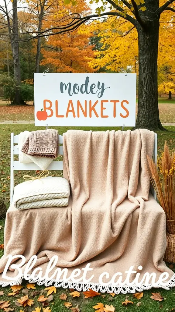 17 Creative Fall-Themed Baby Shower Ideas You’ll Love 17 Cozy blanket station with soft blankets and autumn leaves in the background