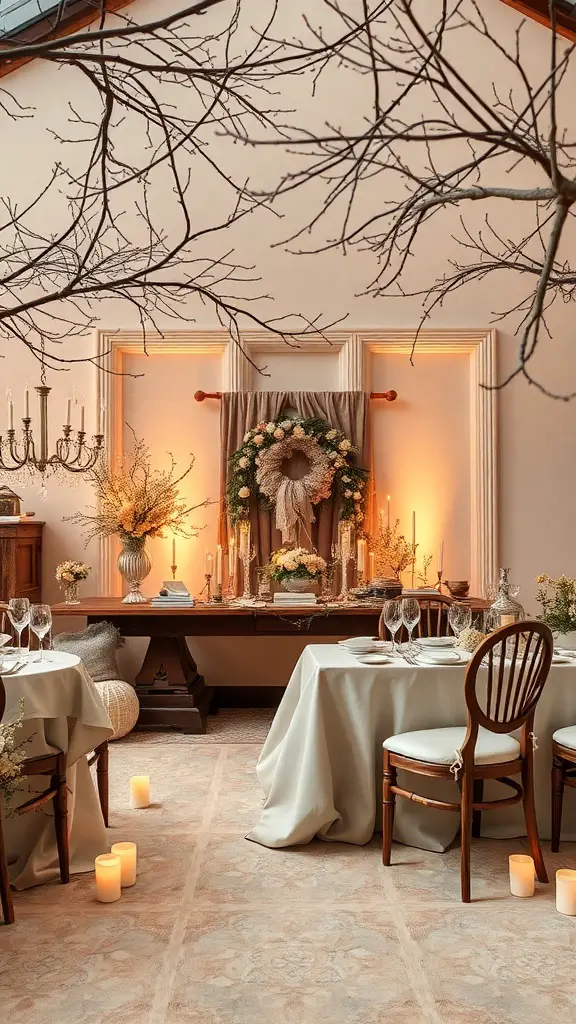 A cozy wedding setting with taupe and cream colors, featuring elegant table settings and warm candlelight.