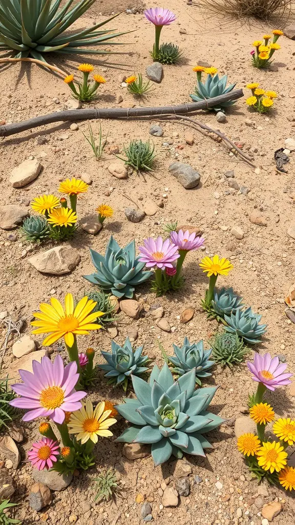 A colorful arrangement of drought-tolerant flowers and succulents in sandy soil.