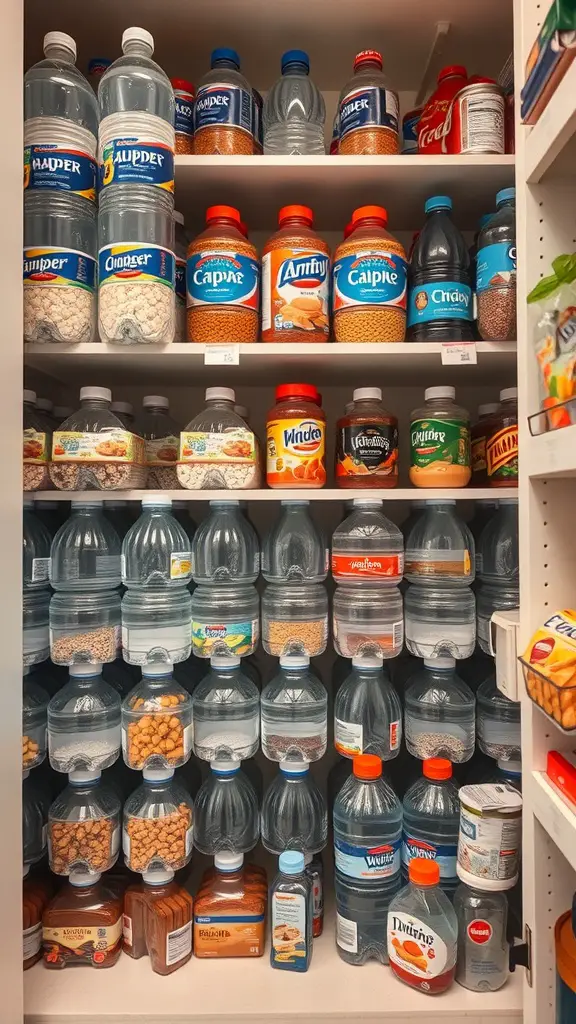 15+ Creative Ways to Store Your Water Bottles 12 A neatly organized pantry shelf filled with various water bottles and containers.