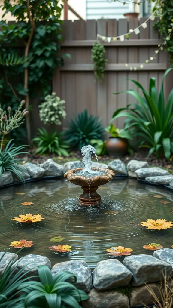 A small backyard water fountain surrounded by plants and flowers.