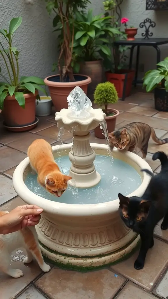21 Creative Cat Friendly Patio Ideas for the Purrfect Outdoor Space 11 Cats playing around a fountain on a patio with plants.