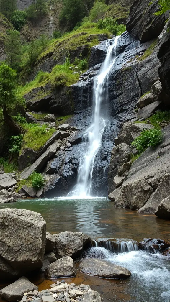 19 Creative Steep Hill Landscaping Ideas to Transform Your Yard 5 A picturesque waterfall cascading down a rocky hill surrounded by greenery.