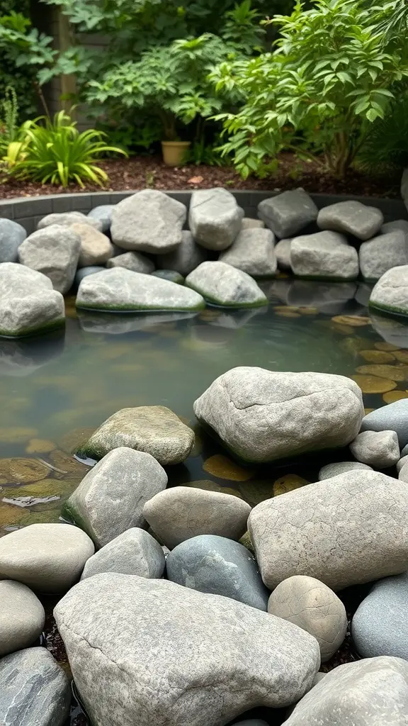 19 Creative Rock Landscaping Ideas for a Stunning Outdoor Space 4 A serene pond surrounded by smooth rocks and lush greenery.