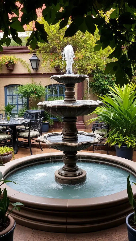 21 Stunning Mexican Patio Hacienda Style Ideas for Your Outdoor Space 16 A beautiful tiered fountain surrounded by lush green plants in a Mexican patio hacienda style.