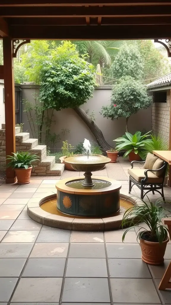 17 Inspiring Mexican Patio Ideas for Your Outdoor Space 11 A tranquil patio featuring a central fountain surrounded by greenery and seating.