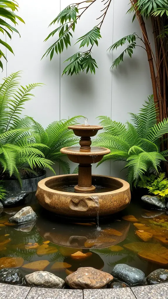 A bamboo fountain surrounded by ferns and stones in a Japanese garden.