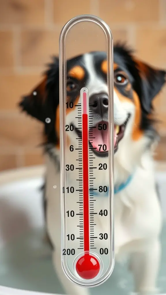 21+ Essential Items for a Perfect Dog Washing Station 4 A thermometer showing water temperature with a happy dog in the background.