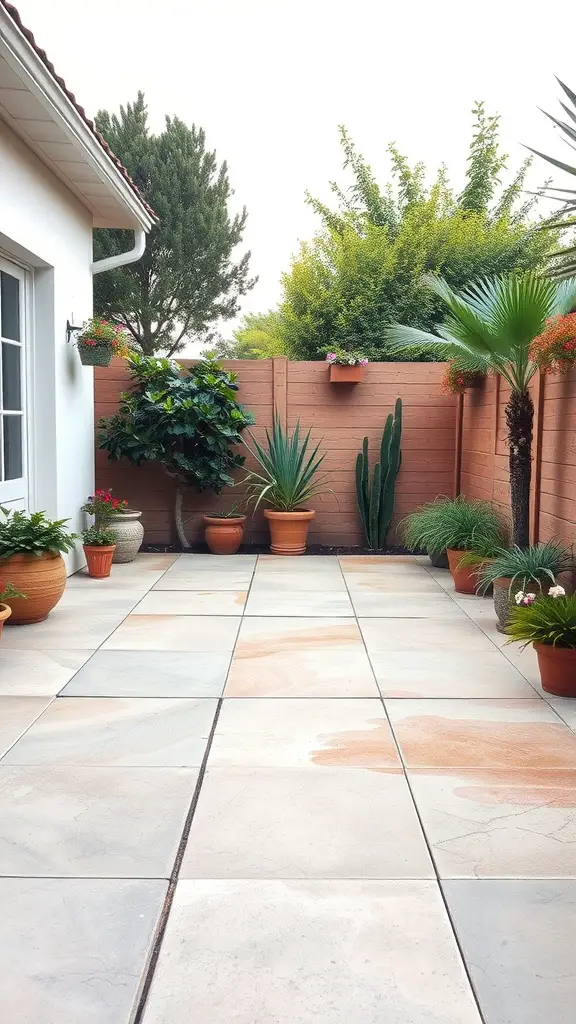 45 Creative Paint Ideas for Your Concrete Patio 17 A concrete patio featuring a watercolor wash technique with colorful hues and surrounding plants.