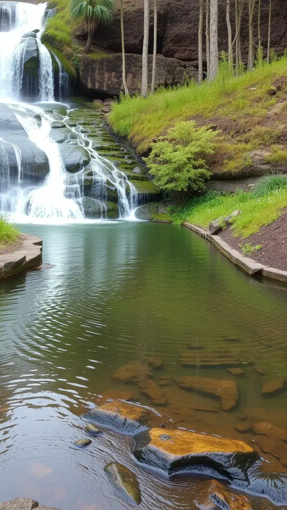 21 Stunning Pond Landscaping Ideas to Transform Your Backyard 5 A serene waterfall flowing into a pond, surrounded by rocks and greenery.