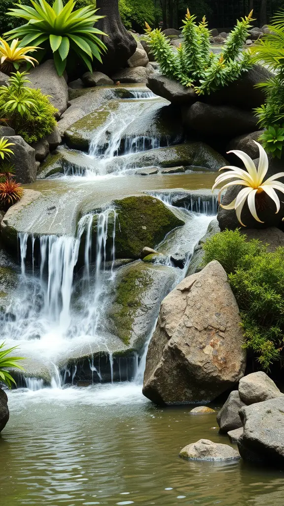 21 Inspiring Japanese Garden Ideas You’ll Love 12 A serene waterfall cascading over rocks surrounded by lush green plants.