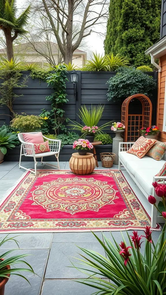 23 Stylish Outdoor Furniture Ideas for Your Dream Patio 14 A vibrant weather-resistant outdoor rug in a cozy patio setting surrounded by plants and stylish furniture.