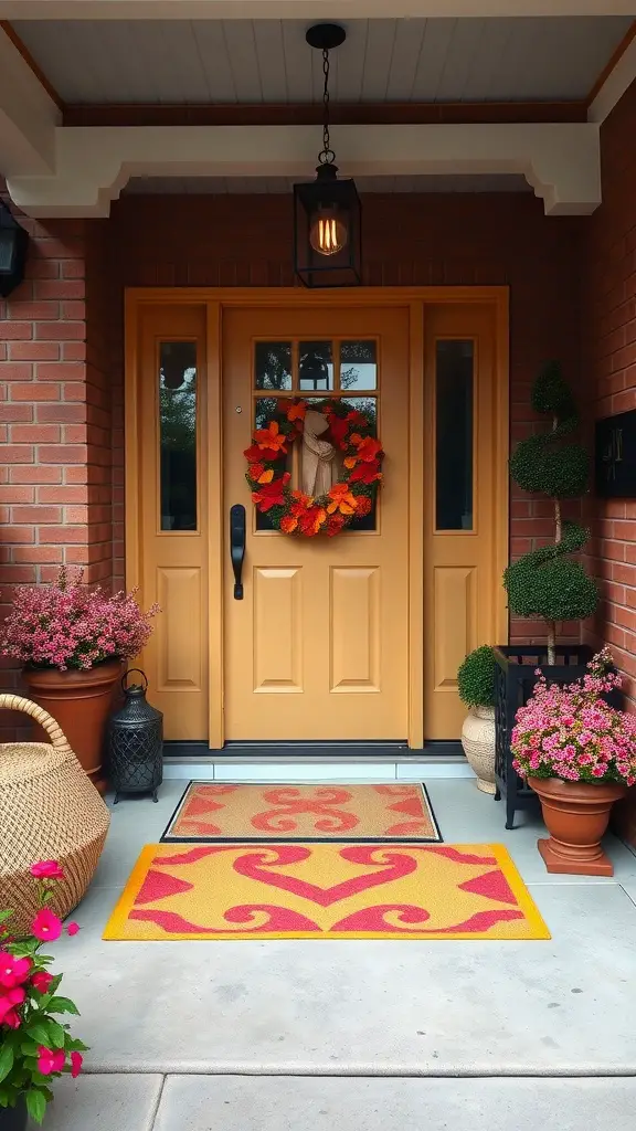 17 Stunning Front Yard Landscaping Ideas for a Beautiful Home Exterior 15 A welcoming entryway featuring a colorful door mat, yellow door, and potted plants.