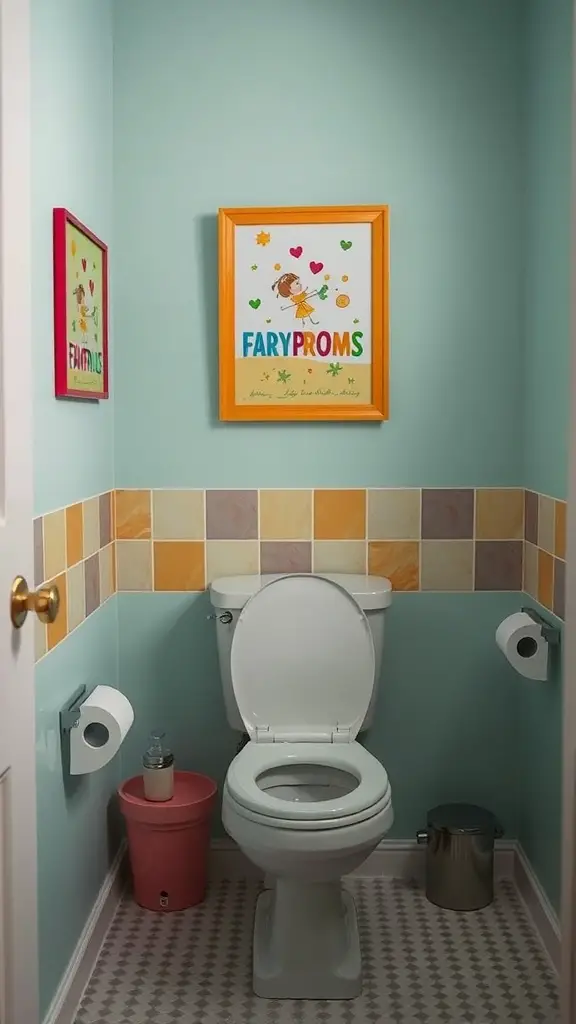 23+Chic Back of Toilet Decor Ideas to Transform Your Bathroom 8 A bathroom with whimsical artwork displayed on the wall above the toilet, featuring colorful frames and playful designs.