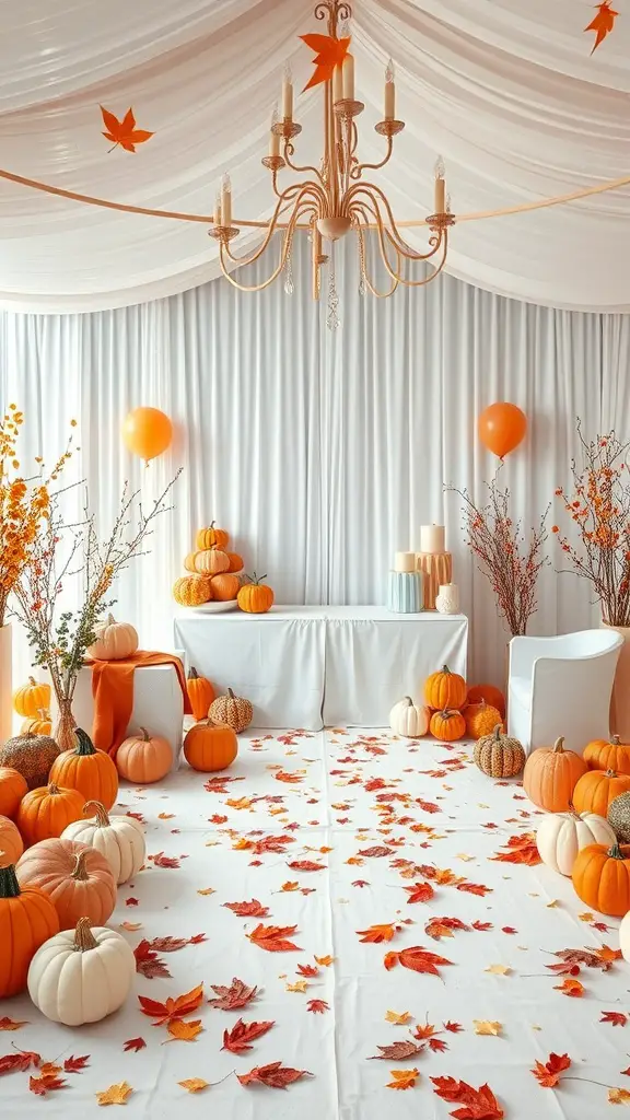 23 Creative Baby Shower Ideas for October Celebrations 8 A cozy baby shower setup featuring pumpkins, autumn leaves, and orange decorations.