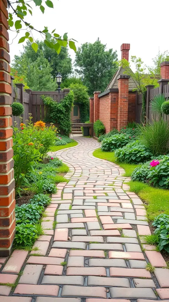 21 Creative Garden Border Ideas You Can Try Today 2 A winding brick pathway surrounded by lush greenery and colorful flowers in a garden.
