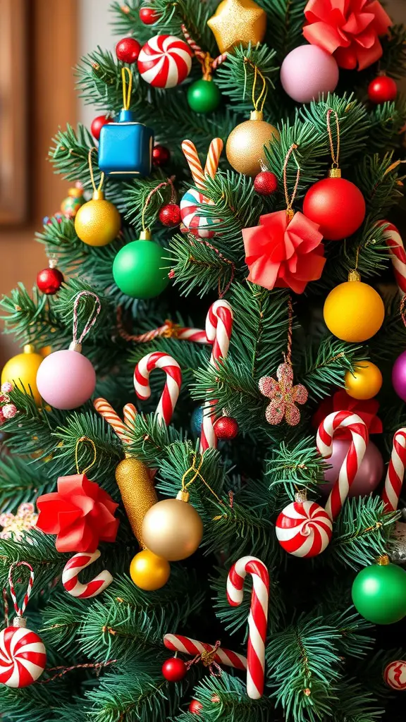 21 Creative Christmas Tree Ideas for a Cozy Fall Celebration 2 A colorful Christmas tree decorated with candy-themed ornaments and bright baubles.