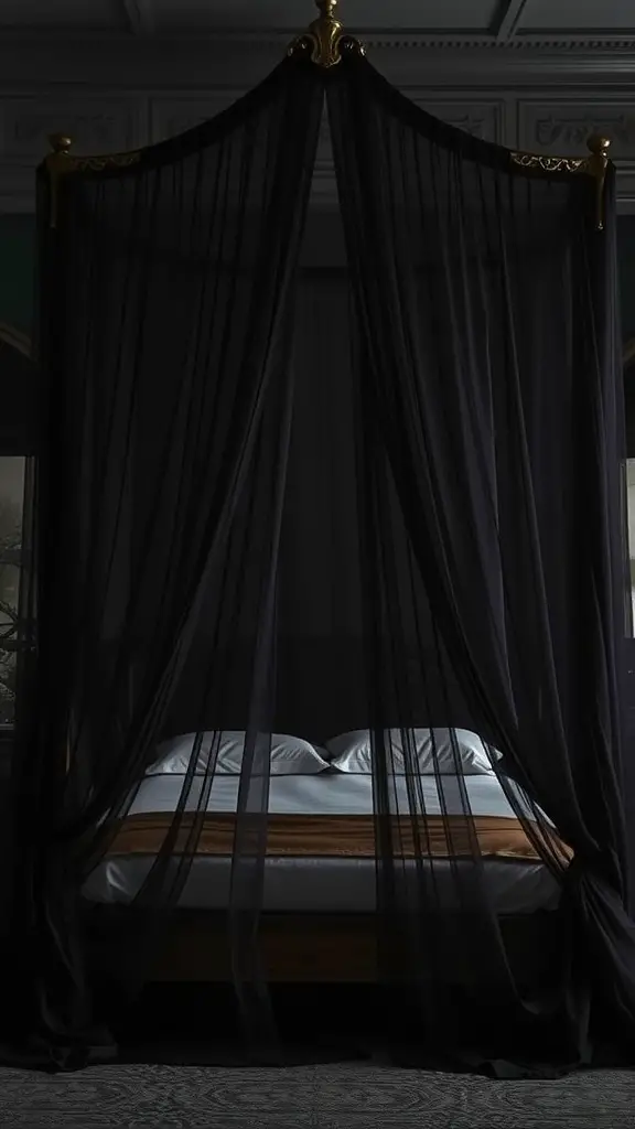A dark canopy bed with flowing black drapes and a golden frame, creating a romantic goth atmosphere.