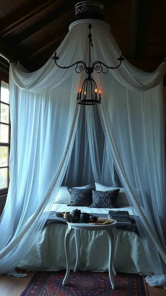 A whimsical canopy bed with flowing curtains, a vintage chandelier, and cozy bedding.