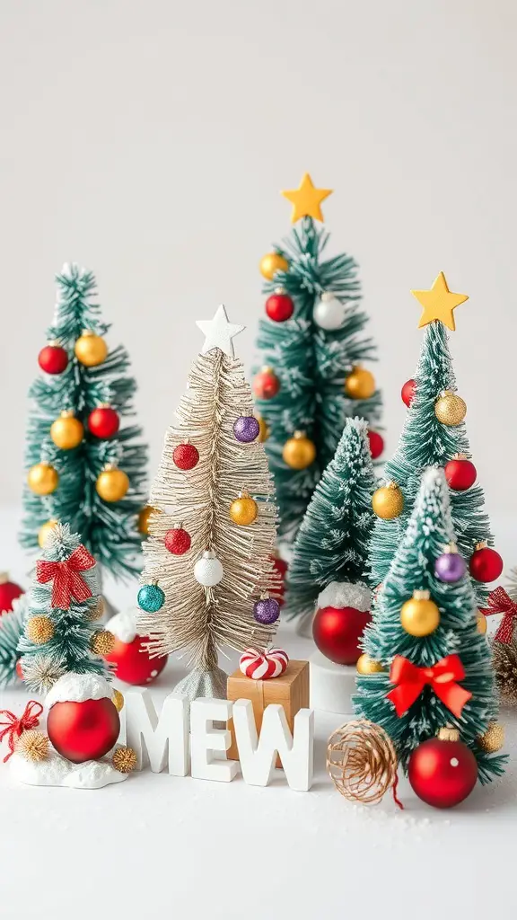 A collection of whimsical Christmas trees with colorful ornaments and decorations on a table.