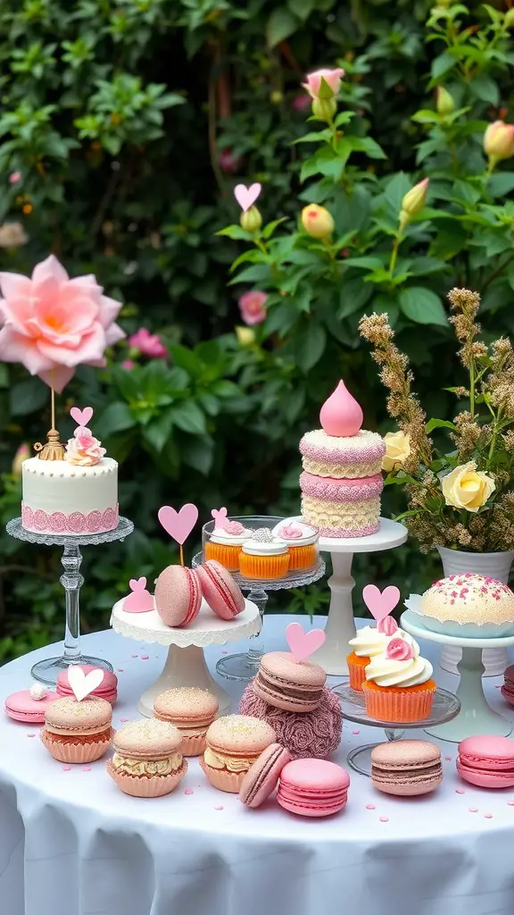 19 Whimsical Garden Party Ideas for Unforgettable Celebrations 27 A whimsical dessert table display featuring an assortment of colorful cakes, macarons, and cupcakes, surrounded by lush greenery and flowers.