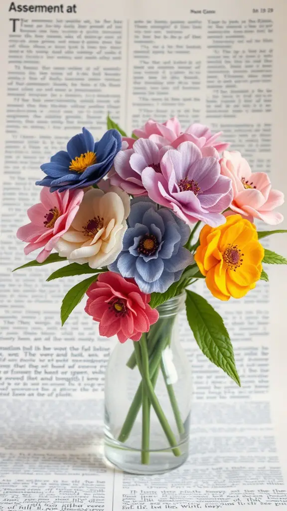 21+ Creative Scrap Fabric Projects You Can Make Today 15 A bouquet of colorful fabric flowers in a glass vase, set against a background of newspaper.