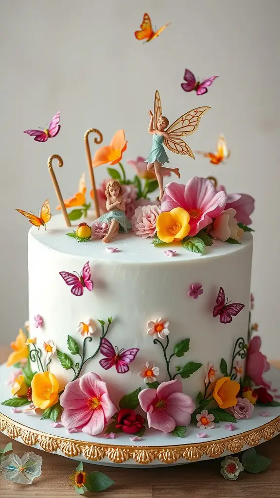 A whimsical fairy garden cake decorated with flowers, butterflies, and fairy figurines.
