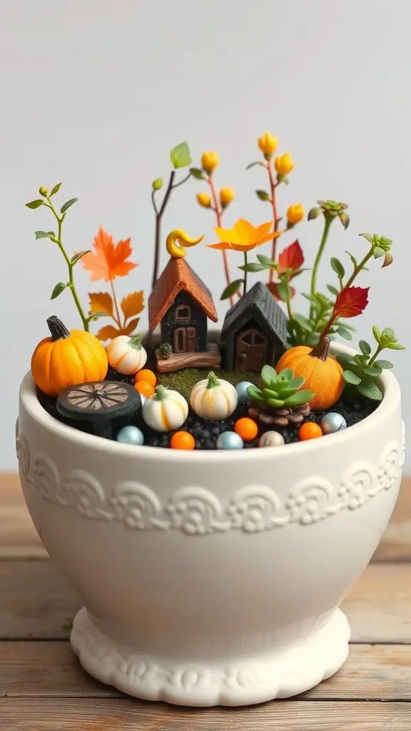 21 Gorgeous Fall Planters to Brighten Your Garden 11 A whimsical fairy garden planter featuring tiny houses, pumpkins, and colorful leaves in a white pot.