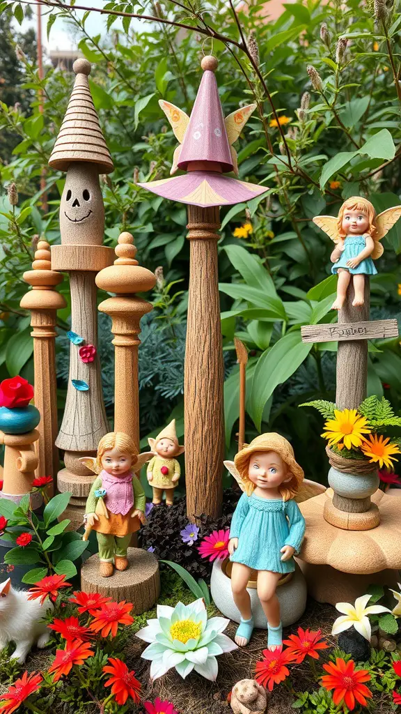 19 Stunning Garden Totems to Elevate Your Outdoor Space 11 A collection of whimsical fairy garden totems surrounded by colorful flowers.