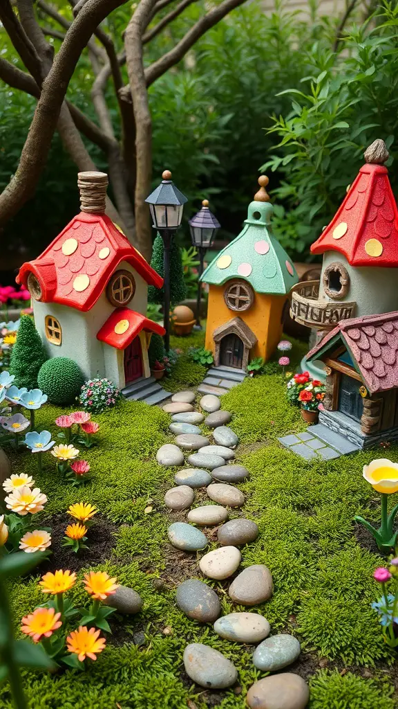 15 Stunning French Garden Ideas to Transform Your Outdoor Space 5 A whimsical fairy garden featuring colorful miniature houses, a stone pathway, and vibrant flowers.