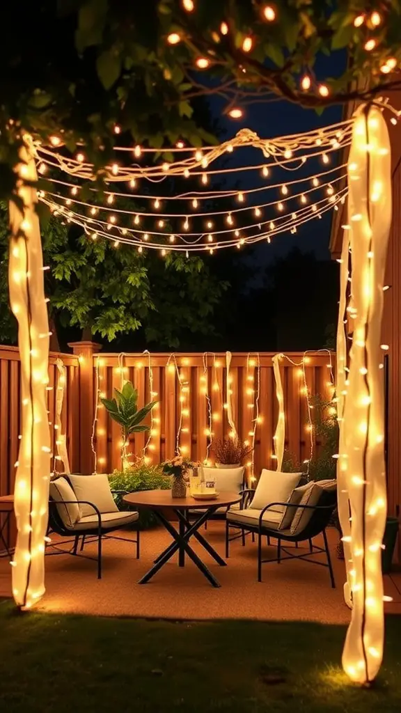 17 Inspiring Backyard Decorating Ideas to Transform Your Outdoor Space 9 A cozy backyard seating area with a canopy of fairy lights, creating a warm and inviting atmosphere.