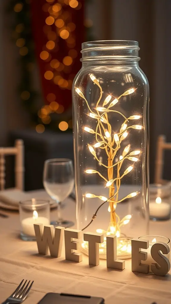 23 Stunning Dollar Tree Centerpieces You Can DIY 7 A glass jar filled with fairy lights on a table, surrounded by candles and a sign that says 'WETLES.'