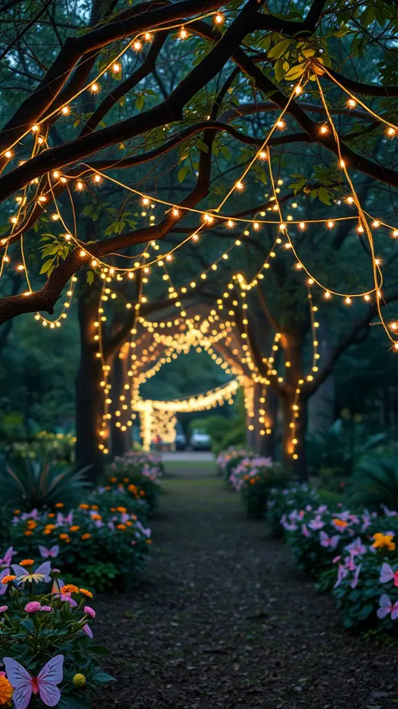 19 Enchanted Garden Ideas to Transform Your Outdoor Space 4 A garden pathway illuminated by fairy lights, surrounded by colorful flowers.