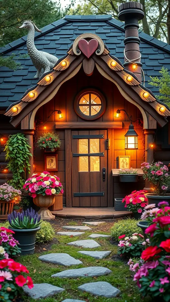 23 Inspiring Garden House Ideas for Your Outdoor Oasis 7 A whimsical garden cabin with warm lights, colorful flowers, and a unique bird sculpture on the roof.