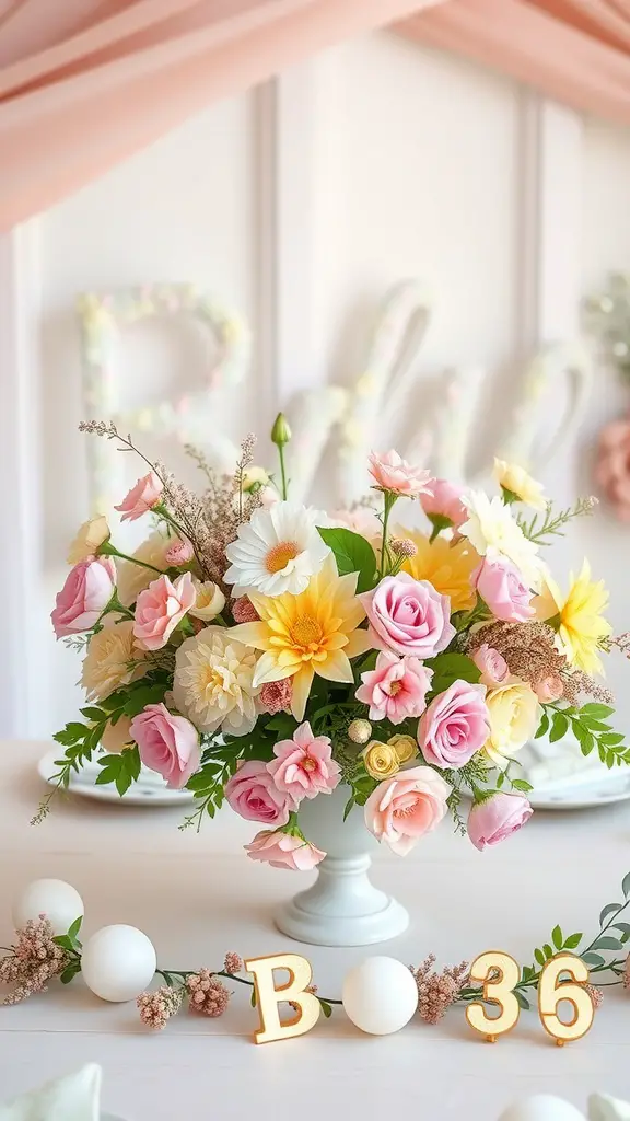 17 Adorable Floral Baby Shower Decorations You Need to Try 9 A colorful floral centerpiece featuring pink roses, yellow flowers, and daisies in a white vase, with decorative elements in the background.
