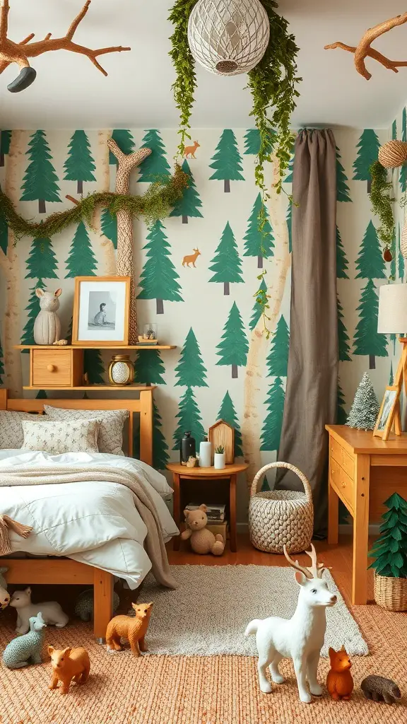 A whimsical forest-themed bedroom featuring tree-patterned wallpaper, wooden furniture, and playful animal figurines.