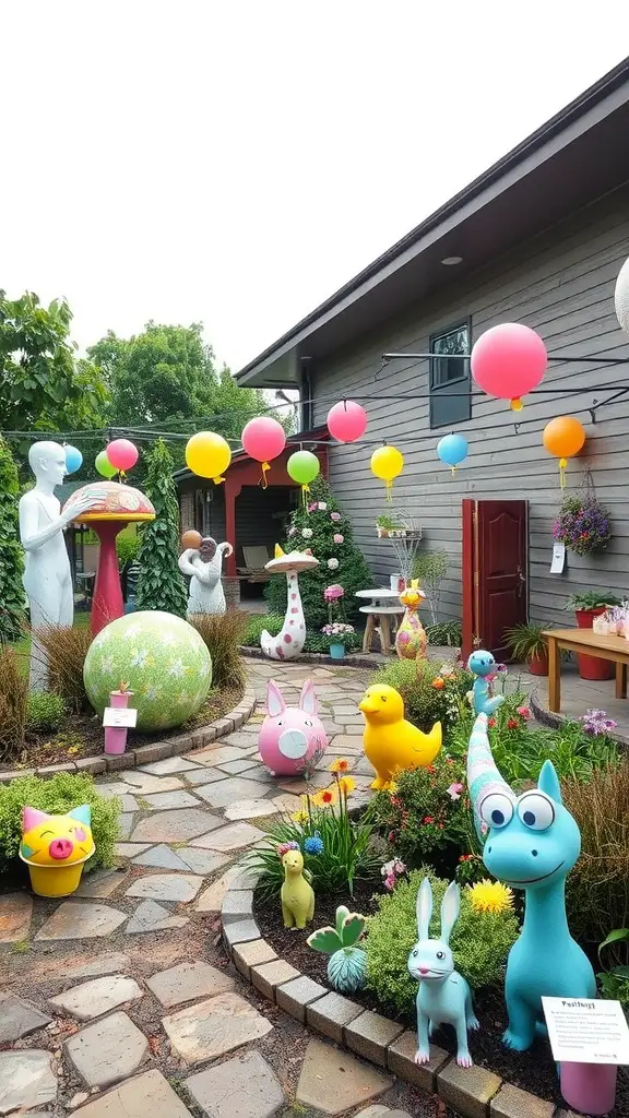 23 Stunning Dream Garden Ideas to Transform Your Outdoor Space 13 A whimsical garden filled with colorful sculptures, balloons, and playful decorations.