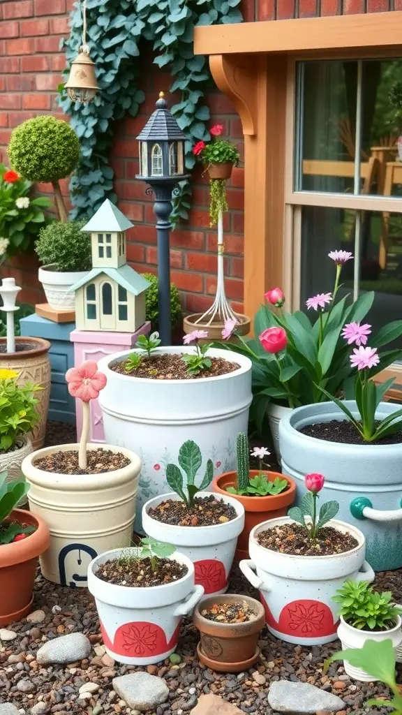 21 Creative Dollar Tree DIY Home Decor Ideas 8 A collection of colorful planters with flowers and decorative items in a garden setting.